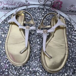 Michael Kors sandals gold charm MK logo white buckle ankle detail slip on shoes